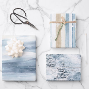 Cream Beige Blue Christmas Trees Winter Wrapping Paper Sheet