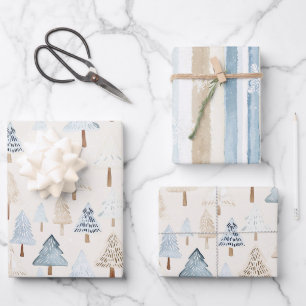 Cream Beige Blue Christmas Trees Wrapping Paper Sheet