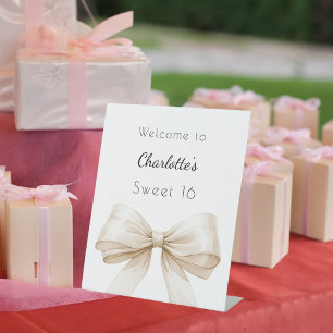 Cream beige bow Sweet 16 welcome Pedestal Sign