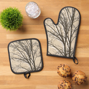 Cream Beige Brown White Tree Branches Oven Mitt & Pot Holder Set