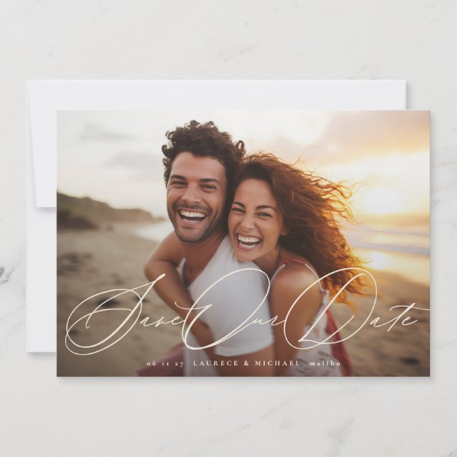Cream Beige Elegant Classic 2 Photo Wedding Save The Date (Front)