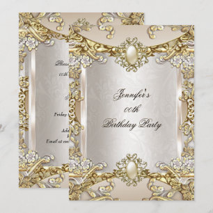 Cream Beige Gold Pearl Damask Birthday Party 2 Invitation