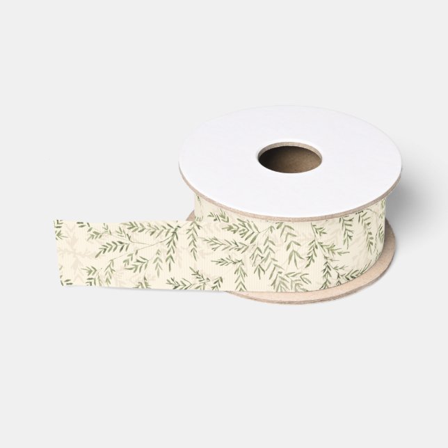 cream beige greenery botanical foliage grosgrain ribbon (Spool)