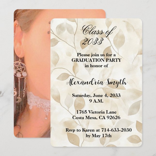 Cream Beige Leaves Graduation Invitation (Front/Back)
