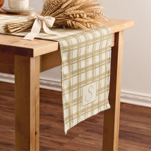 Cream Beige Neutrals Tartan Plaid Monogram Short Table Runner