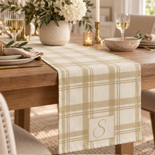 Cream Beige Neutrals Tartan Plaid Monogram Short Table Runner