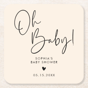 Cream Beige Oh Baby Modern Boho Baby Shower  Square Paper Coaster