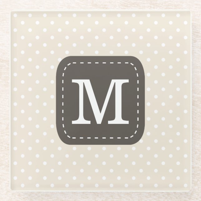 Cream Beige Polka Dot Pattern Personalized Letter Glass Coaster (Front)