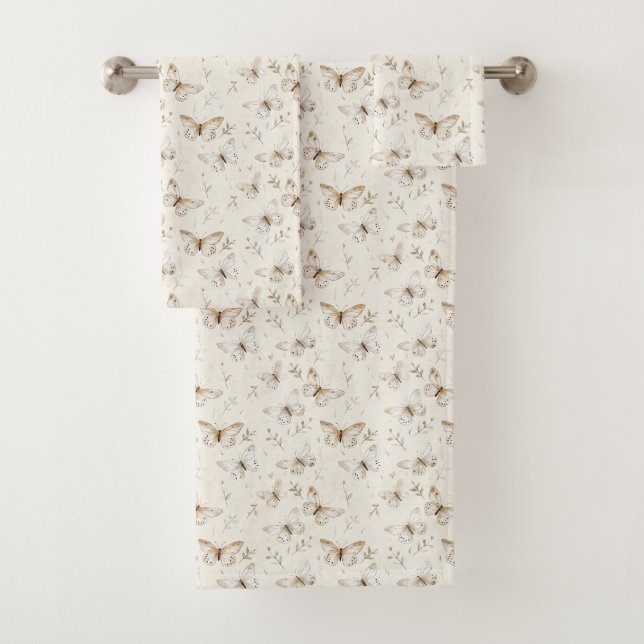 Cream Beige Sand Butterflies Bath Towel Set (Insitu)