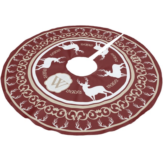 Cream & Berry Red Deer with Antlers Monogram Brushed Polyester Tree Skirt (Angled)