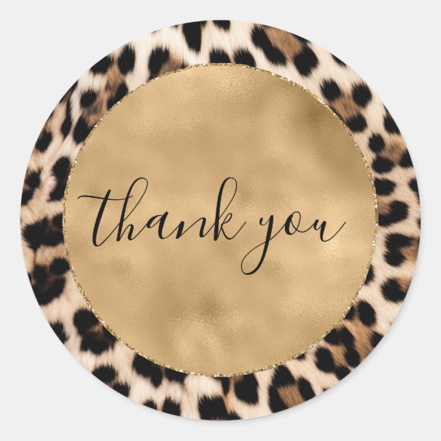 Cream Black Brown Chic Leopard Animal Thank You Classic Round Sticker (Front)