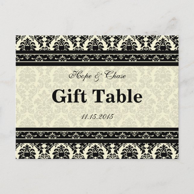 Cream & Black Damask Gift Table Card (Front)