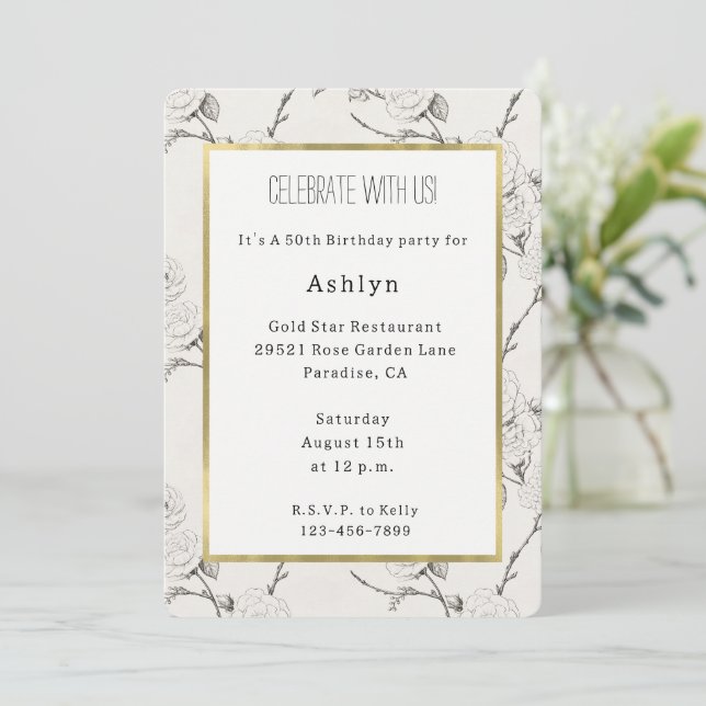 Cream Black Fall Flowers Birthday   Invitation (Standing Front)