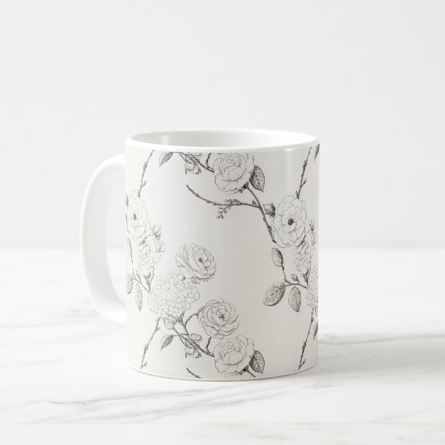 Cream Black Fall Flowers Coffee Mug (Front Left)
