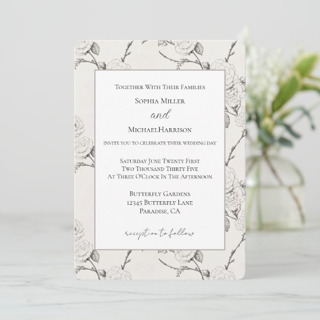 Cream Black Fall Flowers Elegant Wedding Invitation (Standing Front)