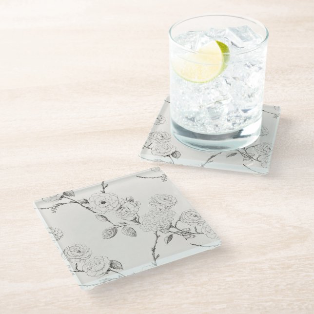 Cream Black Fall Flowers Glass Coaster (Angled)