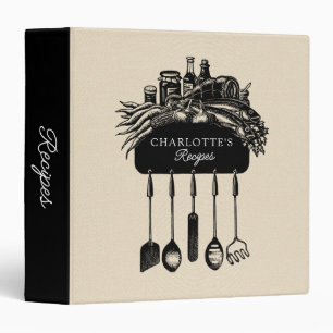Cream Black Food Utensils Custom Faux Linen Recipe Binder