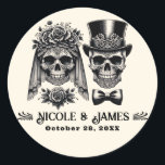 Cream Black & Gold Vintage Skeleton Wedding  Classic Round Sticker<br><div class="desc">customize with any text.</div>