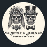 Cream Black & Gold Vintage Skeleton Wedding  Classic Round Sticker<br><div class="desc">customize with any text.</div>