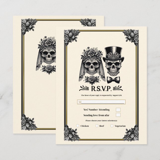 Cream Black & Gold Vintage Skeleton Wedding RSVP Invitation (Front/Back)