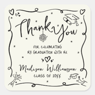 Cream Black Hand Drawn Doodle Graduation Thank You Square Sticker