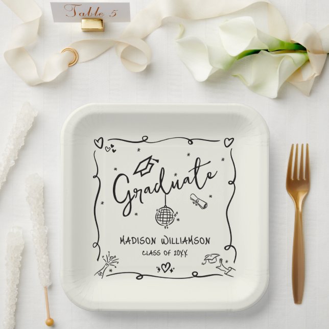 Cream Black Hand Drawn Doodles Graduation Quirky Paper Plate (Wedding)
