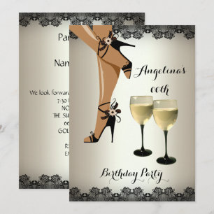 Cream Black Shoes Wine Glass Birthday Party Invitation