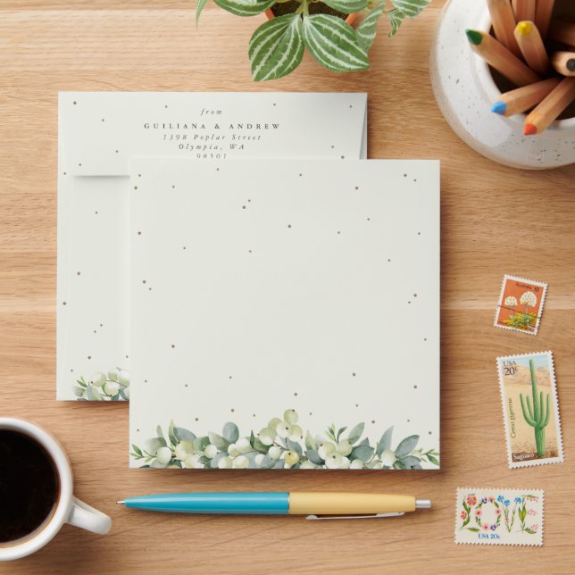 Cream/Black Snowberry+Eucalyptus Wedding Square Envelope (Desk)