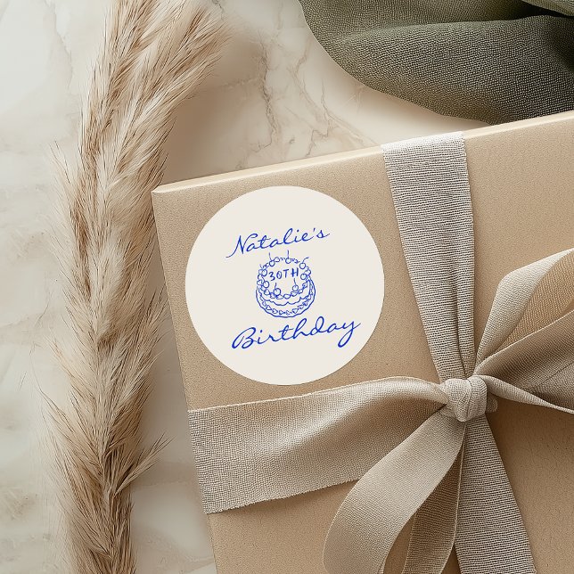 Cream Blue 30th Hand Drawn Cake Birthday Party Classic Round Sticker (Creator Uploaded)