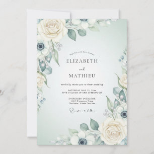 Cream Blue Botanical Romance Wedding Invitation