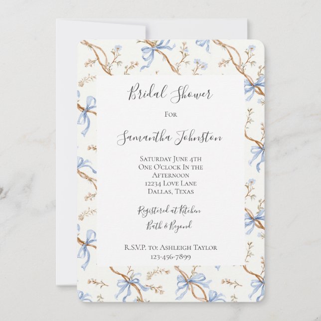 Cream Blue Bows Invitation (Front)