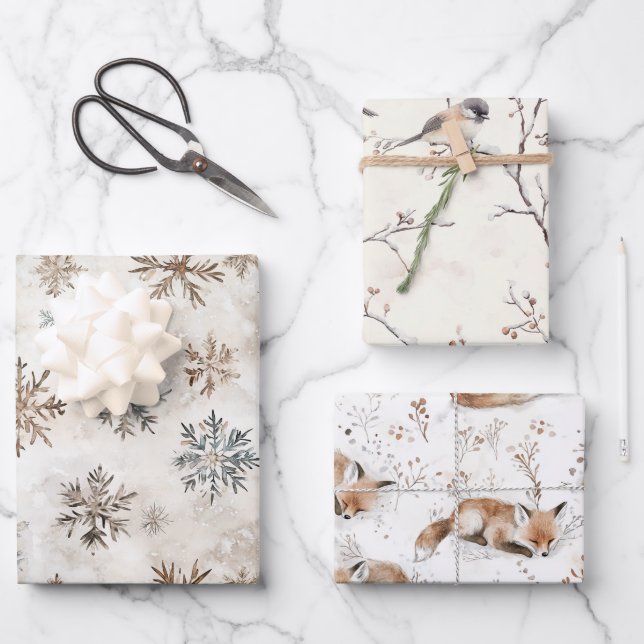 Cream Blue Brown Snowflakes Birds Fox Christmas Wrapping Paper Sheet (Front)