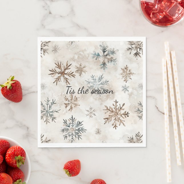 Cream Blue Brown Snowflakes Christmas Napkin (Insitu)