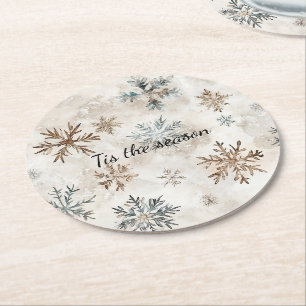 Cream Blue Brown Snowflakes Christmas Round Paper Coaster