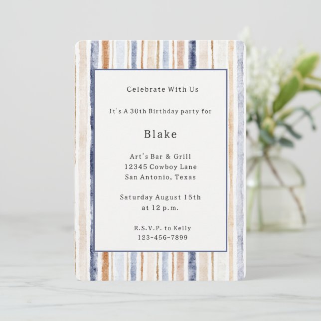 Cream Blue Brown Stripes Birthday Invitation (Standing Front)