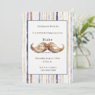 Cream Blue Brown Stripes Moustache Birthday Invitation