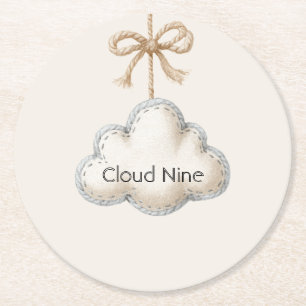 Cream Blue Cloud Nine Baby Shower Round Paper Coaster