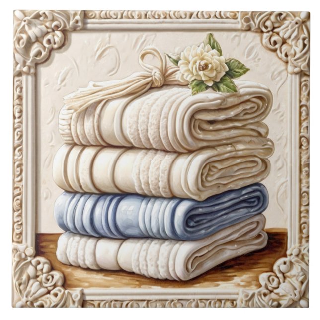 Cream & Blue Fluffy Towels Bodycare Funny Bathroom Tile (Front)