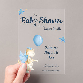Cream Blue Gender Neutral Baby Shower Acrylic Invitations