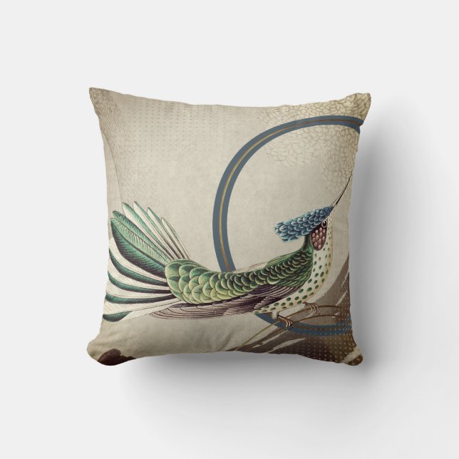 Cream & Blue Hummingbird | Ernst Haeckel Inspired Throw Pillow (Front)