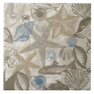 Cream Blue Ocean Beach Shells Tile