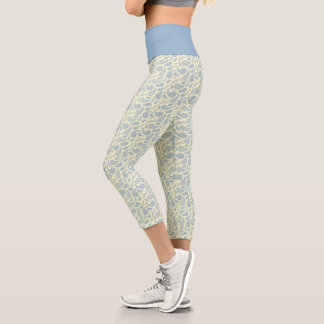 Cream-Blue Paisley Pattern High Waisted Capris