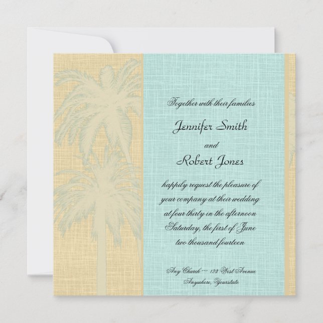 Cream Blue Palm Trees Wedding Invitation (Front)