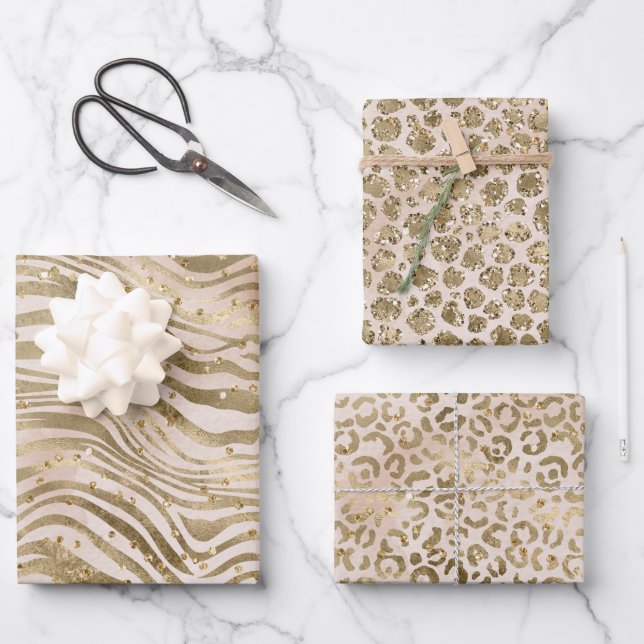 Cream Blush Gold Glitz Sparkle Animal Prints   Wrapping Paper Sheet (Front)