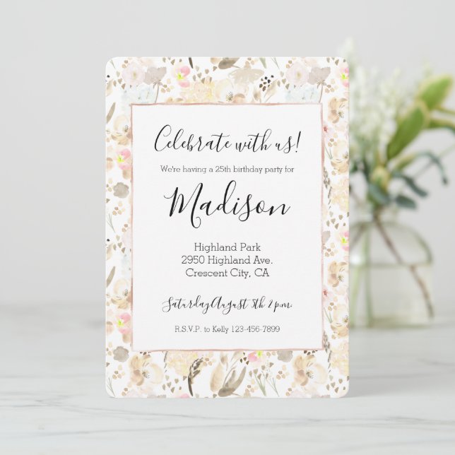 Cream Blush Pink Floral Birthday Invitation (Standing Front)