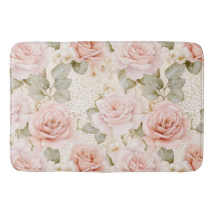 Cream Blush Pink Roses Floral Bridal Shower Bath Mat