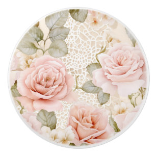 Cream Blush Pink Roses Floral Bridal Shower Ceramic Knob
