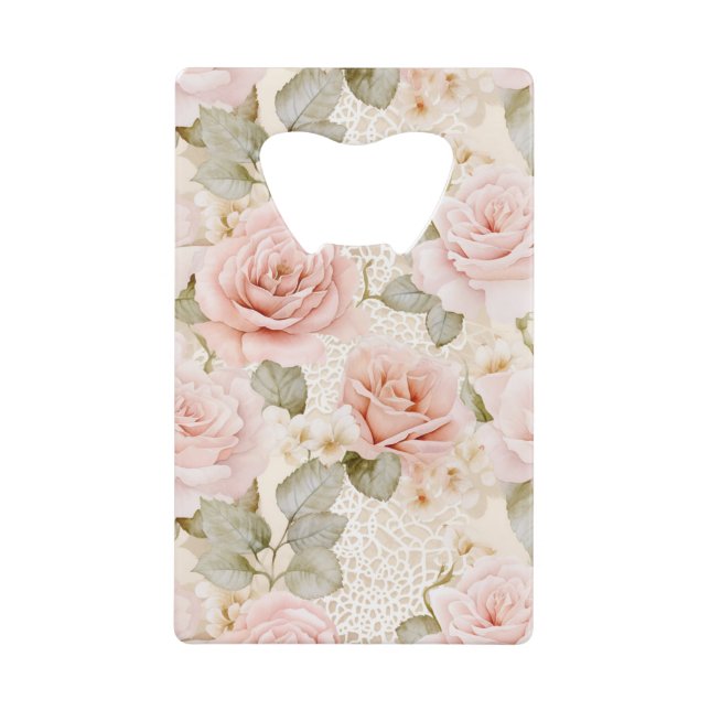 Cream Blush Pink Roses Floral Bridal Shower Credit Card Bottle Opener (Front)