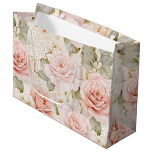 Cream Blush Pink Roses Floral Bridal Shower Large Gift Bag