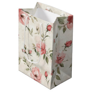 Cream Blush Pink Roses Floral Bridal Shower Medium Gift Bag